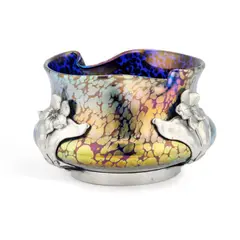 Loetz, A Loetz Blue Papillon Pewter-Mounted Bowl, pewter mount modelled with stylised flowers, no