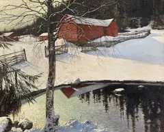 August Hagborg, Vinterlandskap med gårdsbruk, Olje på lerret