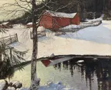 August Hagborg, Vinterlandskap med gårdsbruk, Olje på lerret