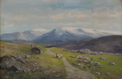 Claus Dahl, Fjellgård med folkeliv, Olje på lerret