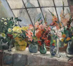 Severin Grande, Oppstilling med blomster i ateliervindu, 1917, Olje på lerret