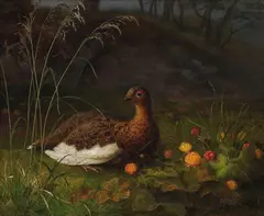 Frants Diderik Bøe, En rype og multebær, 1874, Olje på lerret