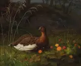 Frants Diderik Bøe, En rype og multebær, 1874, Olje på lerret