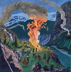Nikolai Astrup, St. Hansbål, Fargetresnitt med håndkolorering, trykket på tykt papir,