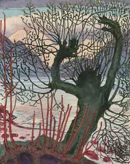 Nikolai Astrup, Vårnatt og seljekall, Fargetresnitt trykket på tykt papir,