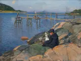 Jacob Bratland, Gutt med seilbåt, Olje på lerret