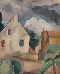 Landsby by Ragnhild Kaarbø, Olje på plate, sold Nov 2011
