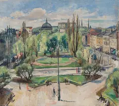 Sigurd Eriksen, Utsyn over Eidvoldsplass mot Slottet, 1932, Olje på lerret