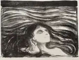Edvard Munch, På kjærlighetens bølger, Litografi trykket i svart på tynt gråhvitt