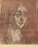Edvard Munch, Birgitte III, Fargetresnitt trykket i rødbrunt på tynt gulhvitt