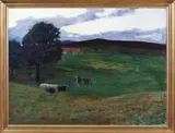 August Jacobsen, Landskap med kyr, Olje på lerret