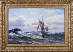 Lauritz Haaland, Skøyte ved klipper, 1890, Olje på lerret