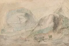Lars Hertervig, Landskap med fjellknauser, 1874, Blandingsteknikk på papir, lysmål