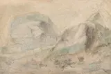 Lars Hertervig, Landskap med fjellknauser, 1874, Blandingsteknikk på papir, lysmål