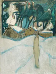 Kai Fjell, Vinternatt, Litografi med håndkolorering i pastell, lysmål