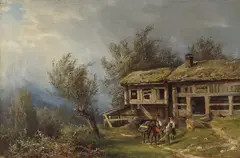 Christian Rummelhoff, Gårdstun med folkeliv, 1870, Olje på lerret