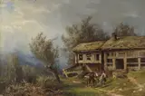 Christian Rummelhoff, Gårdstun med folkeliv, 1870, Olje på lerret