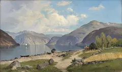 Fjordlandskap med folkeliv by Carl Nielsen, 1880, Olje på lerret, sold Jun 2011