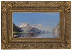 Anton Rasmussen, Fjordlandskap med folkeliv, Olje på lerret