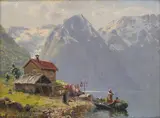 Hans Andreas Dahl, Fjordlandskap med folkeliv, 1916, Olje på plate