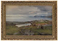 Even Ulving, Kystlandskap med pike ved bål, Olje på lerret