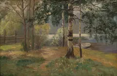 Andreas Singdahlsen, Innsjø med pram, 1925, Olje på lerret