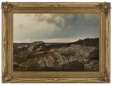 Andreas Disen, Fjellandskap med jeger, 1873, Olje på lerret