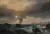 Johan Jacob Bennetter, Kystlandskap med seilskuter og sjøfugler, 1853, Olje på lerret