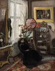 Thorvald Torgersen, Interiør med sittende kvinne, 1887, Olje på lerret