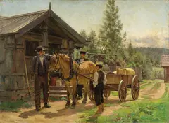 Jacob Gløersen, To menn og en gutt ved hest og kjerre, 1907, Olje på lerret