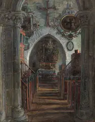 August Eiebakke, Interiør fra Dale kirke i Luster, 1927, Olje på lerret