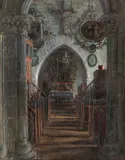 August Eiebakke, Interiør fra Dale kirke i Luster, 1927, Olje på lerret