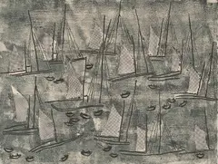 Rolf Nesch, Fiskebåter i rolig sjø, Fargemetalltrykk, lysmål