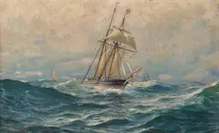 Hjalmar Johnssen, Slørende seilskip, 1898, Olje på lerret