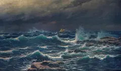 Erik Schøyen, Losbåt i høy sjø, Olje på lerret