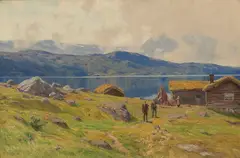 Fredrik Borgen, Setervoll ved innsjø med folkeliv, 1891, Olje på lerret