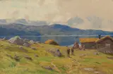 Fredrik Borgen, Setervoll ved innsjø med folkeliv, 1891, Olje på lerret
