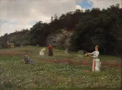Hans Gude, Engblomster, 1888, Olje på mahogniplate