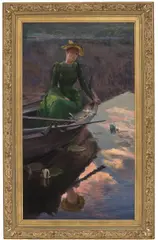 Christian Skredsvig, Gyldne skyer. Aften på innsjøen, 1892, Olje på lerret