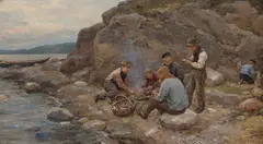 Jahn Ekenæs, Fiskere ved strand, 1909, Olje på lerret