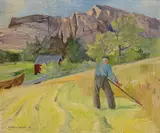 Carl von Hanno, Mann som slår gress med ljå, 1947, Olje på plate