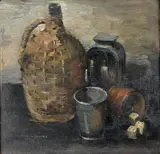 Carl von Hanno, Oppstilling med terninger, flasker og glass, 1930, Olje på lerret