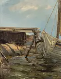Oscar Wergeland, Garntørk ved havn på Tromøen, 1885, Olje på lerret