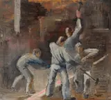 Carl von Hanno, Arbeidere med slegge, 1930, Olje på mahogniplate