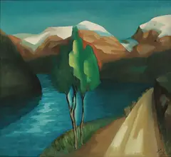 Alfred Hagn, Fjordlandskap med løvtrær, Olje på lerret