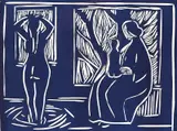 Tre generasjoner by Kai Fjell, Linoleumssnitt, lysmål, sold Dec 2009