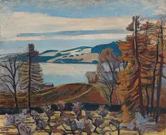 Axel Revold, Utsikt fra Atlungstad ved Mjøsa mot Helgøya*, Olje på plate