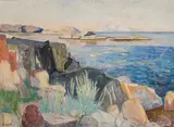 Finn Nielssen, Junikveld, Gamle Hellesund, 1959, Olje på lerret