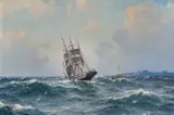 Lauritz Haaland, Seilskute og losbåt, 1893, Olje på lerret