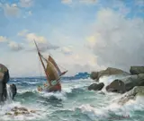 Lauritz Haaland, Seilbåt i smalt sund, 1891, Olje på lerret